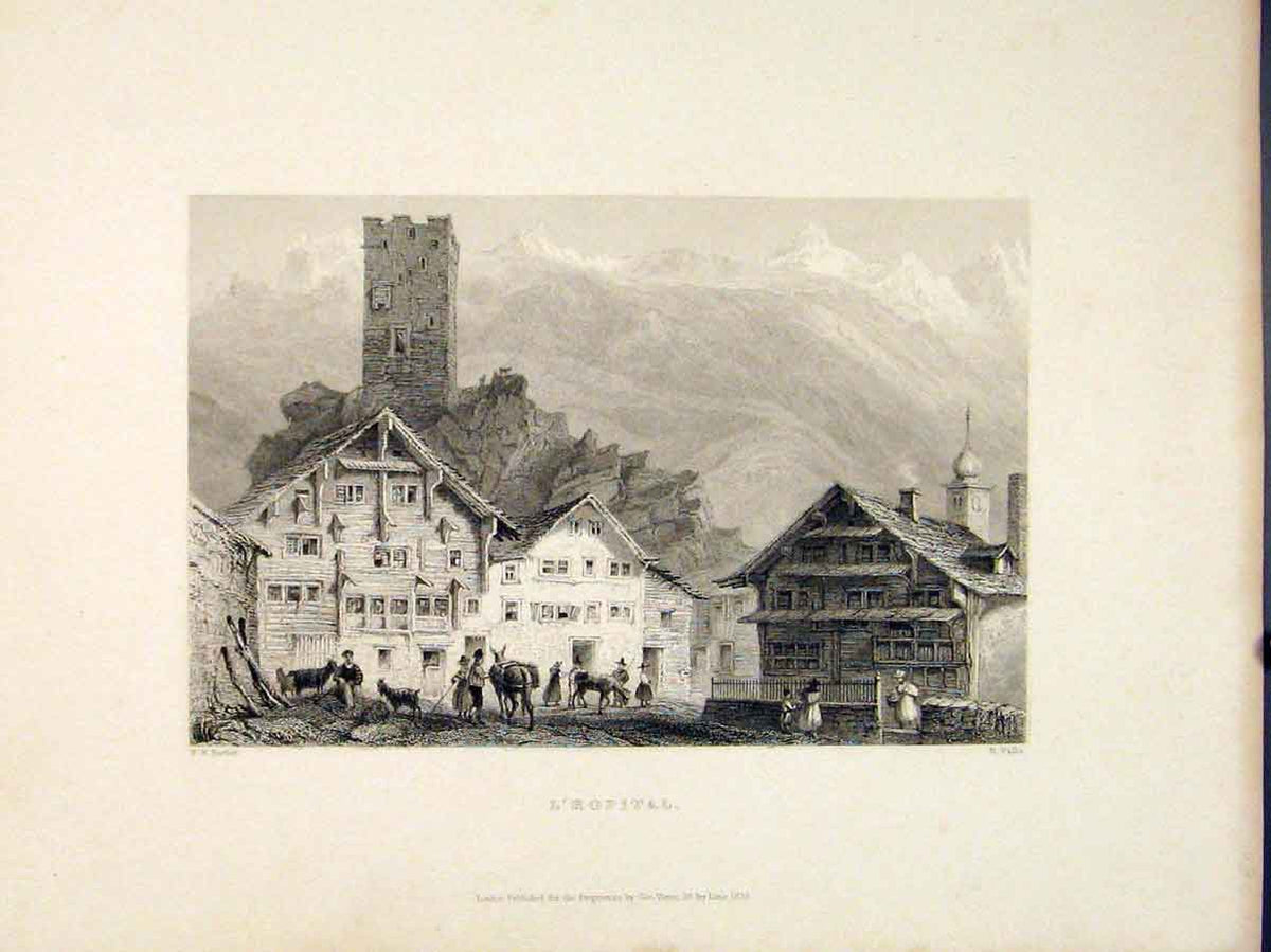 Original Old Antique Print L Hopital Hospital Swiss Village Switzerland