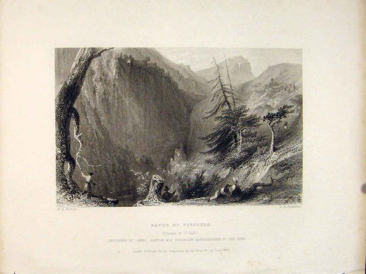 Original Old Antique Print Baths Pfeffers Canton St Gall Switzerland