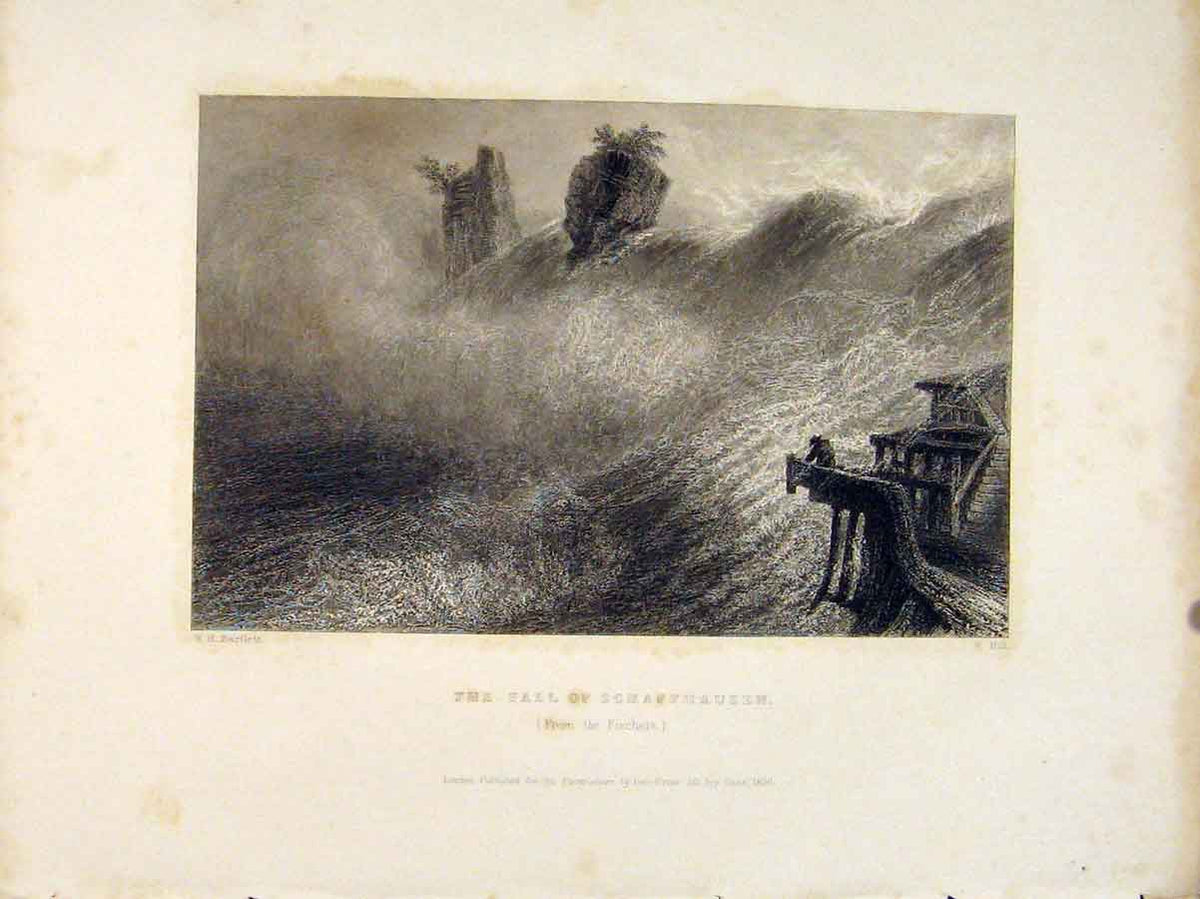Original Old Antique Print Fall Schaffhausen Fischetz Switzerland
