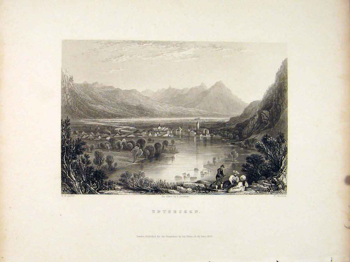 Original Old Antique Print Unterseen Switzerland Mountain River