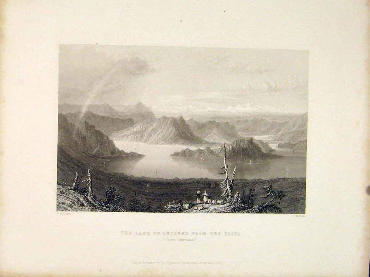 Original Old Antique Print Switzerland Lake Lucerne Canton Unterwalden Swiss