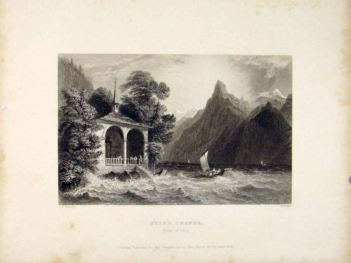 Original Old Antique Print Tells Chapel Lake Uri Switzerland Art