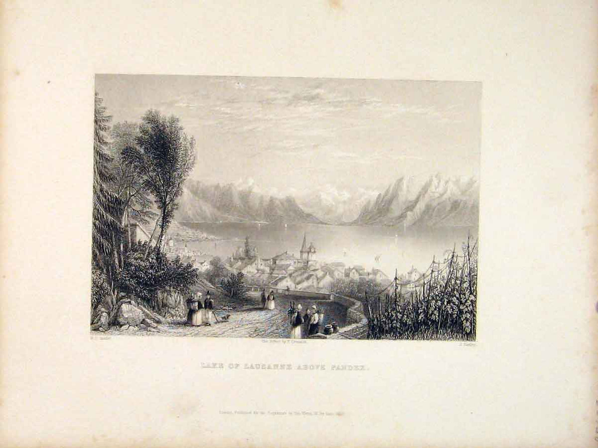 Original Old Antique Print Switzerland Lake Lausanne Above Pandex