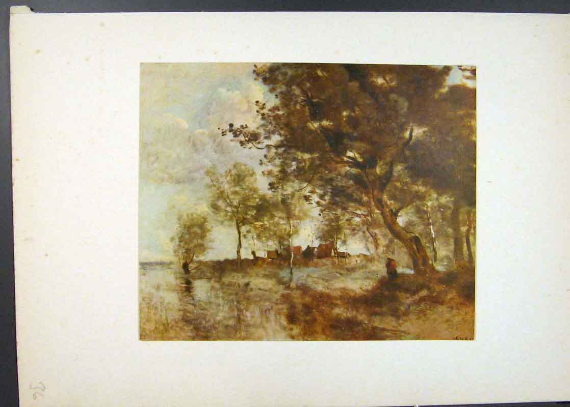 Original Old Antique Print A Flood Famous Painting By Jean Baptiste Corot C1913