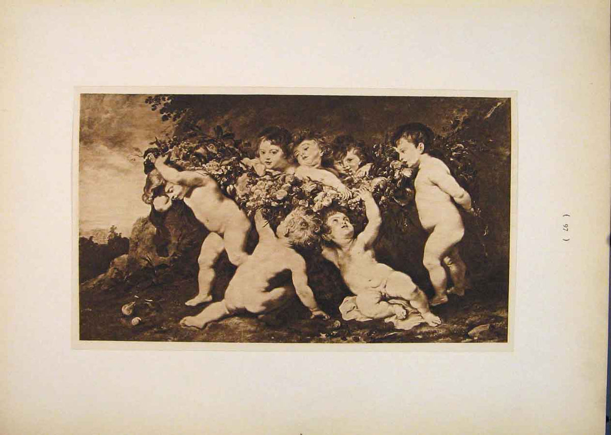 Original Old Antique Print Garland Fruit Peter Paul Rubens Sepia Style Fine Art
