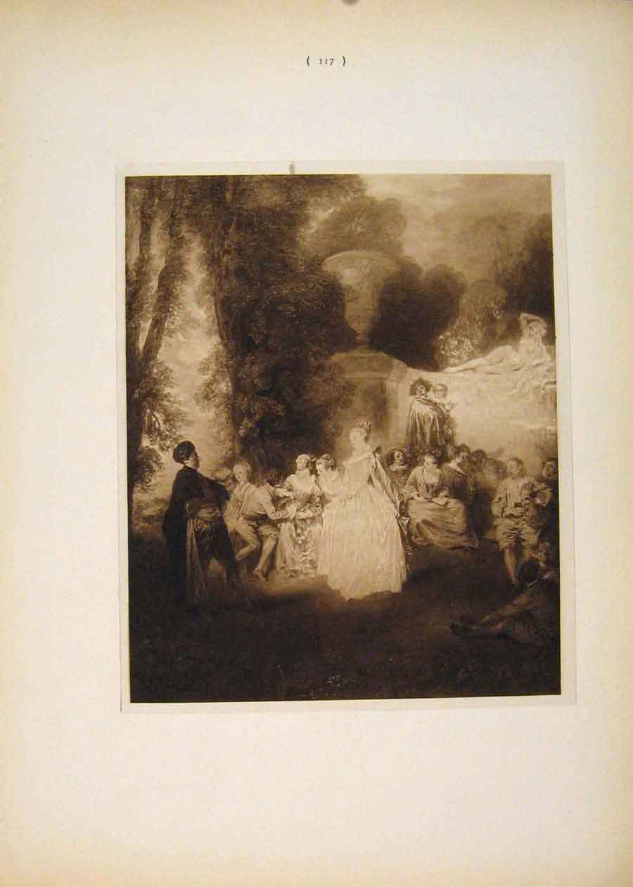 Original Old Antique Print Fetes Venitiennes Antoine Watteau Sepia Style