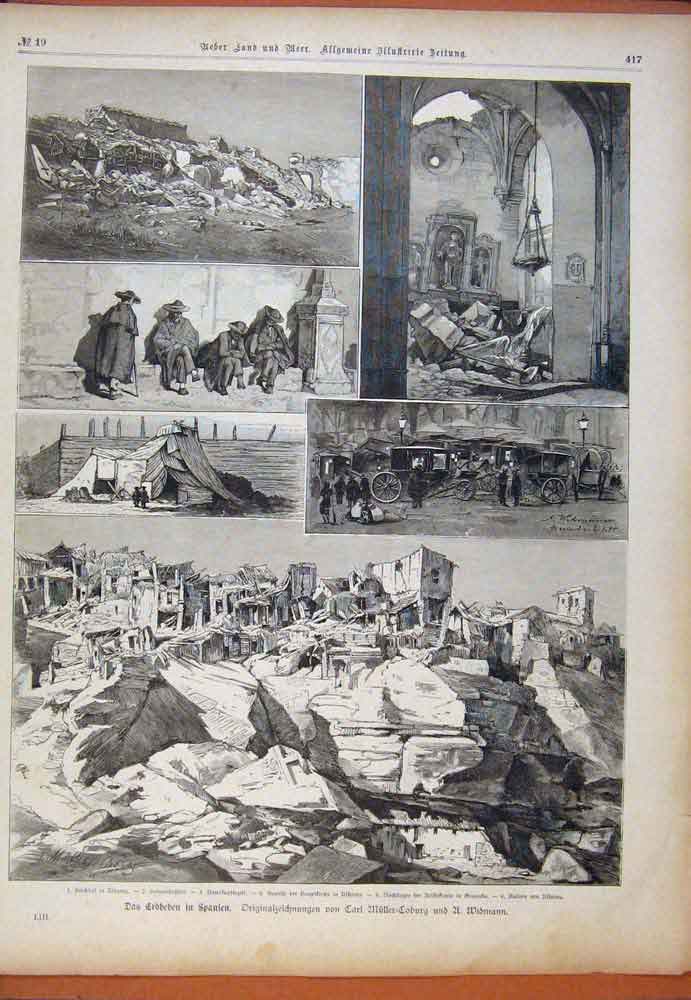 Original Old Antique Print Widmann Coburg Spanien Art Sketch