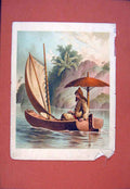 Original Old Antique Print Sail Boat Cannoe River Lake Colored C1890 Victorian