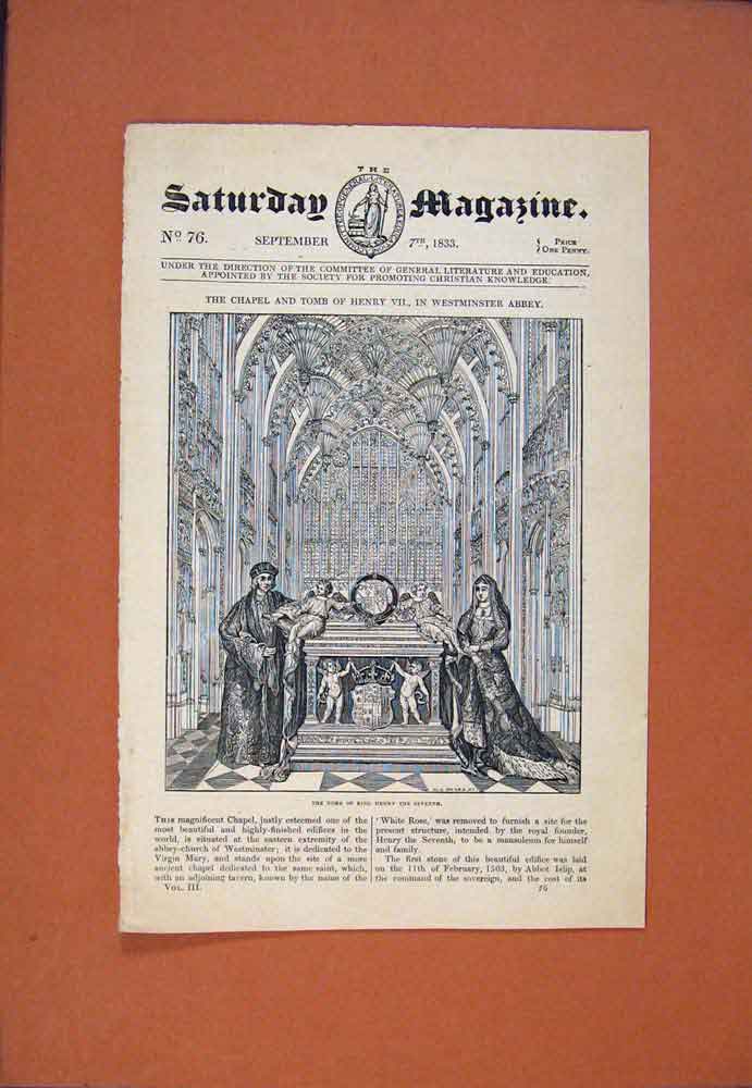 Original Old Antique Print Saturday Magazine Tomb King Henry Sevents Victorian