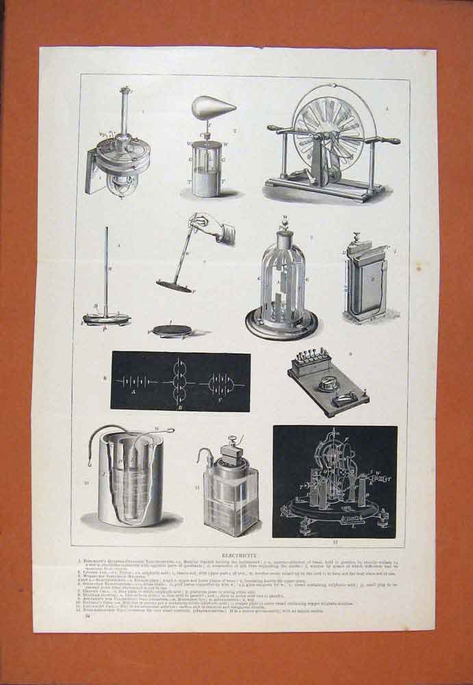 Original Old Antique Print Electricity Measurements Movements C1890 Victorian