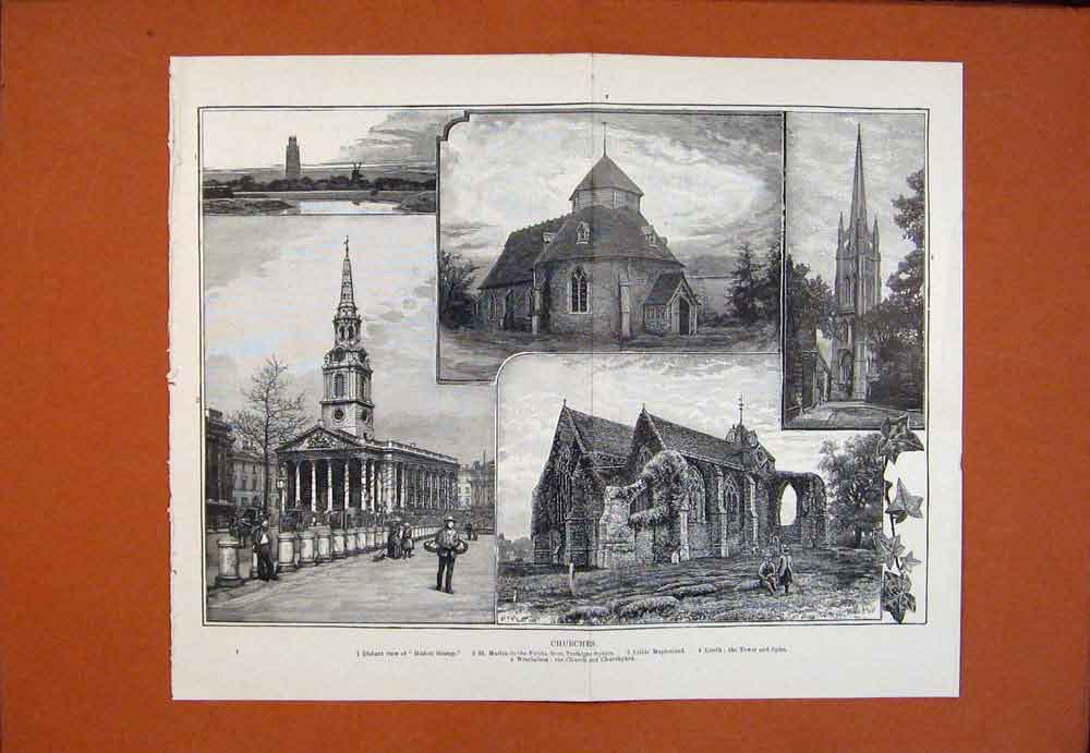 Original Old Antique Print Churches Boston Stump St Martin Maplestead Louth