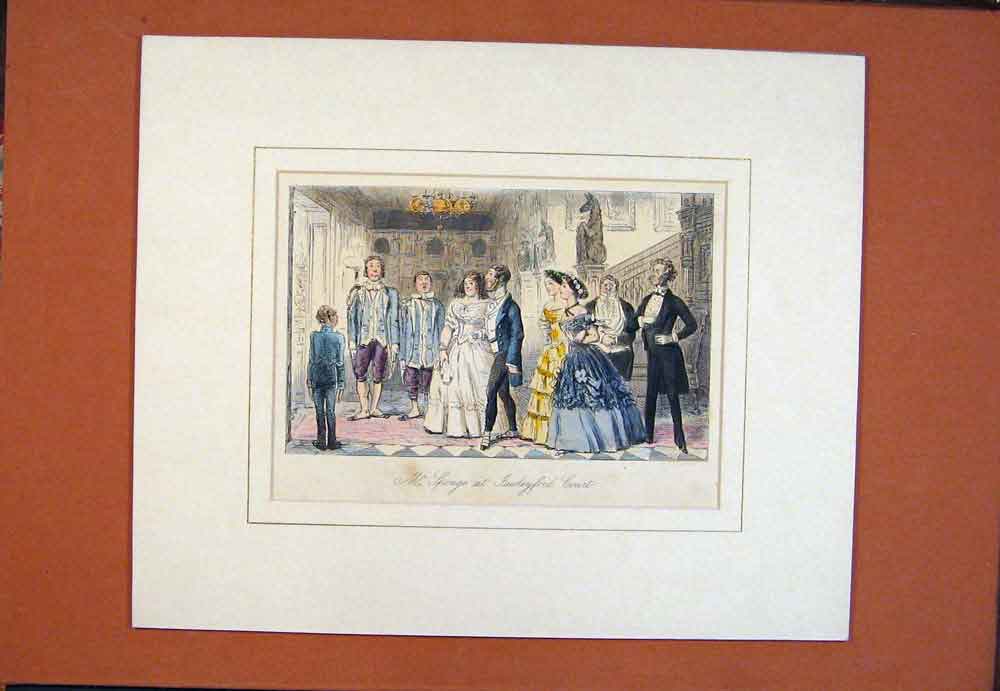 Original Old Antique Print C1860 Mr Sponge Jawleyford Court Color 19th
