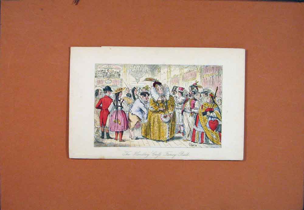 Old Antique Print John Leech Hand Colored C1850 Handley Crofs Fancy Ball 19th