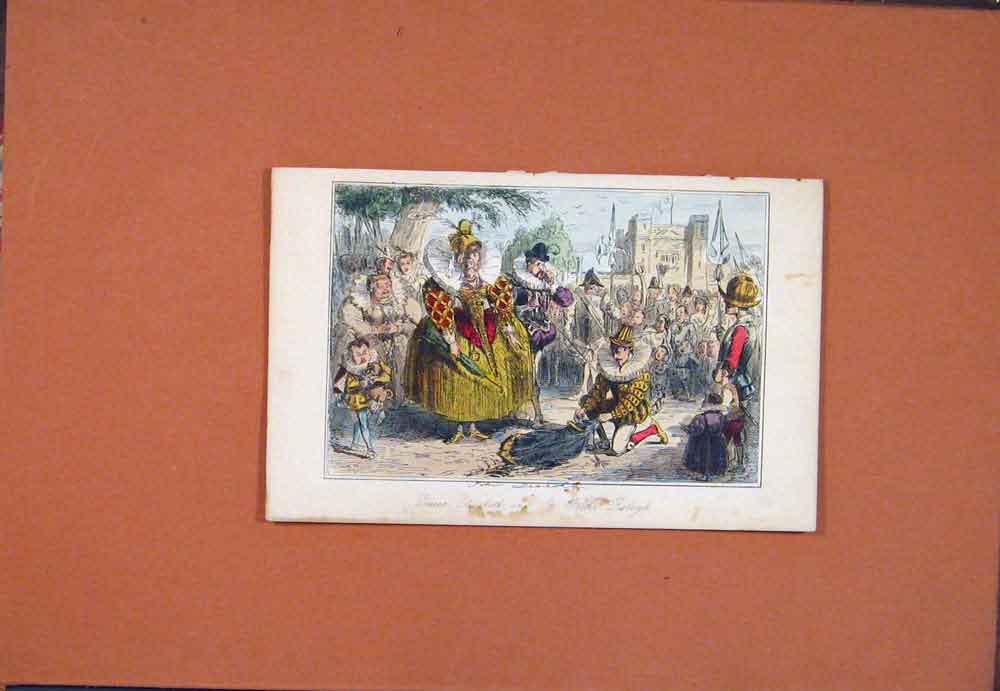 Original Old Antique Print Queen Elizabeth Walter Raleigh Hand Colored Leech Art
