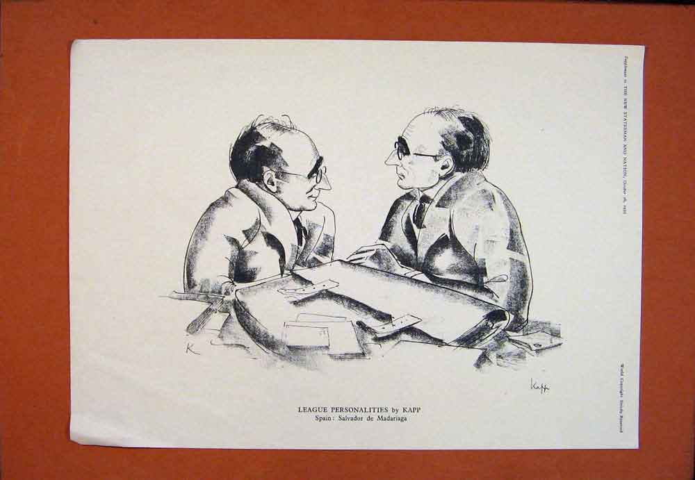 Original Old Antique Print Leauge Personalities Spain Alvador Madariaga Portrait