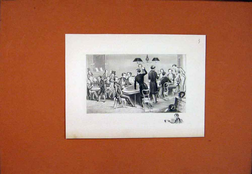 Original Old Antique Print Men Drawing Room Sitting Table Diner 1850 Victorian