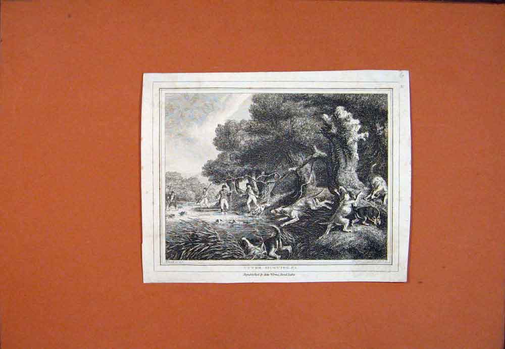 Original Old Antique Print C1850 Otter Hunting Men Chase Fine Art 19th