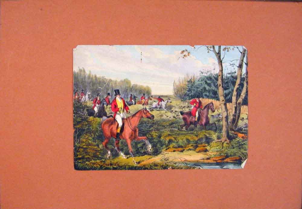 Original Old Antique Print Horse Men Chasing Hunting Fine Art Color