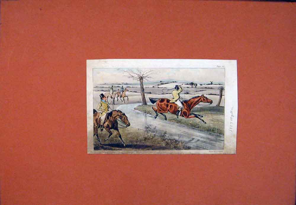 Original Old Antique Print C1837 Horse Rider Chase Hunting Color Art Fine 19th