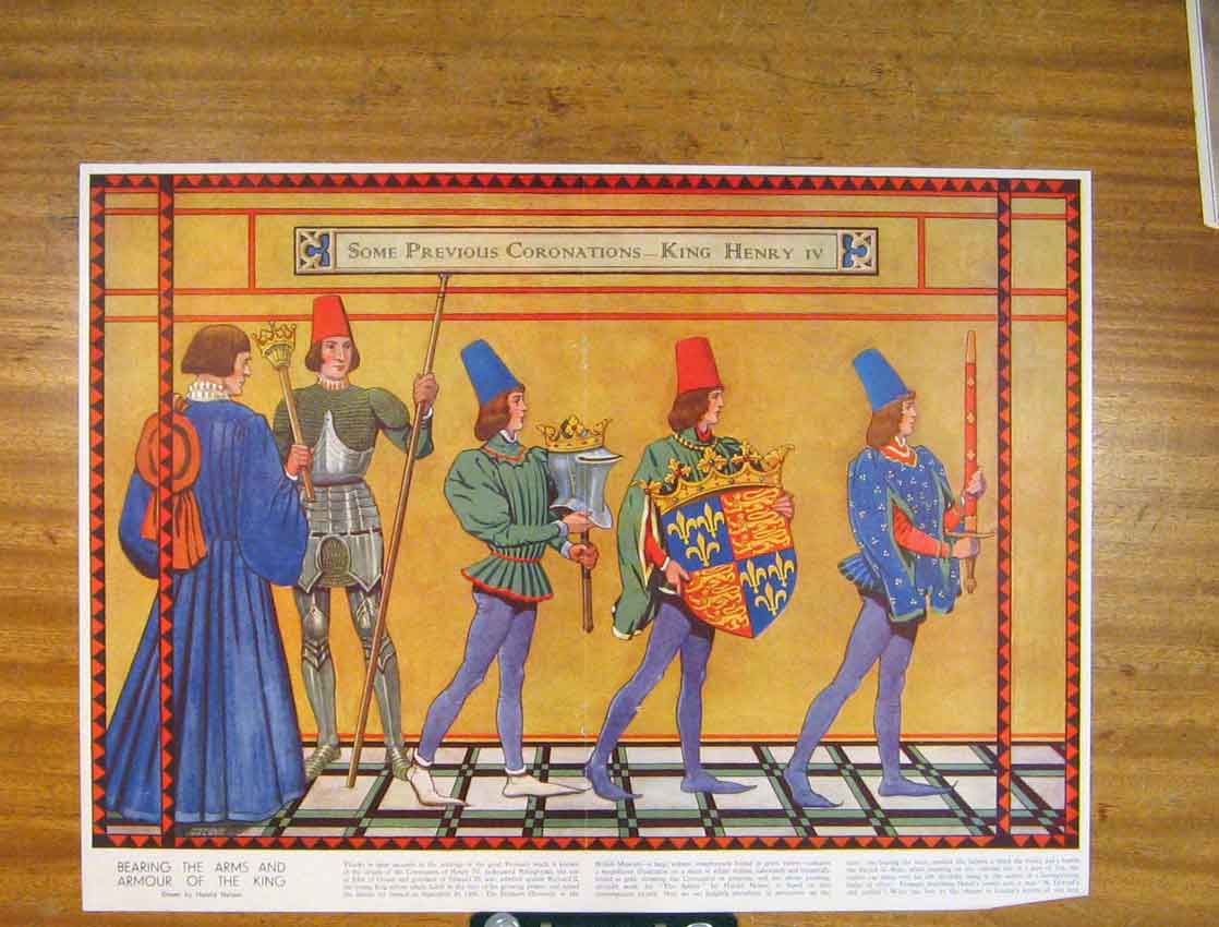 Original Old Antique Print Coronations King Henry Ivarms Armour Color