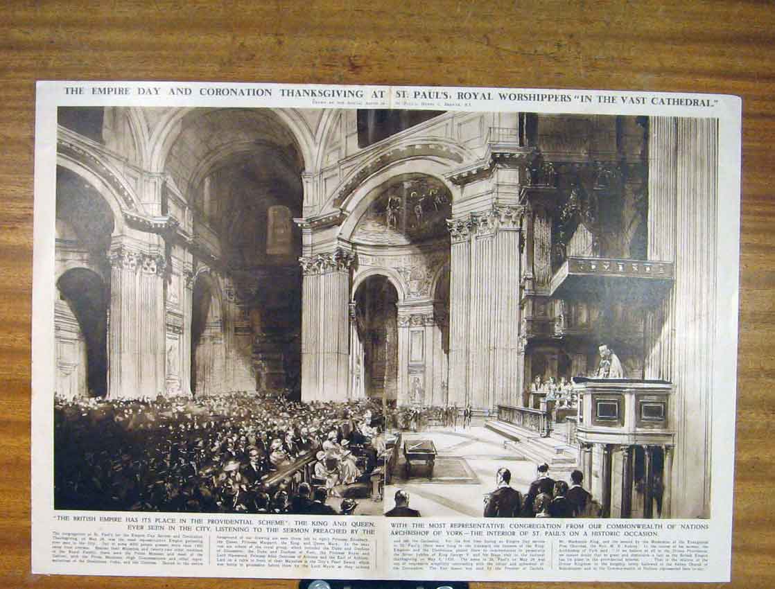 Original Old Antique Print Empire Day Coronation St Pauls King Queen Victorian