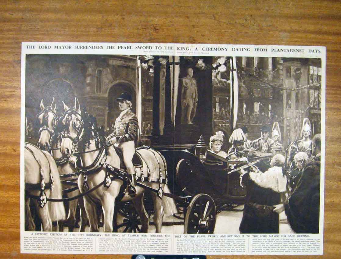 Original Old Antique Print Lord Mayor Pearl Sword King Ceremony Fine Art
