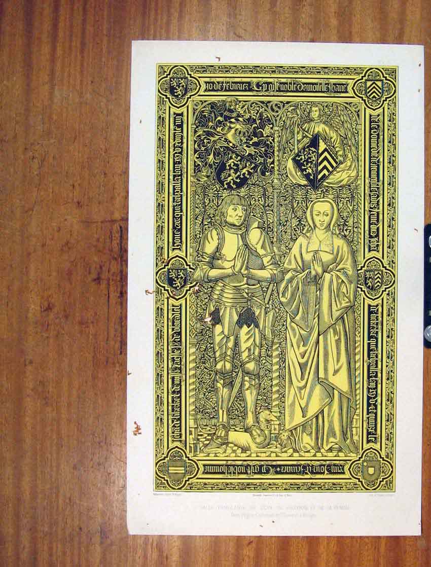 Original Old Antique Print C1858 Mosaic Dalle Tumulaire Jean France Art 19th