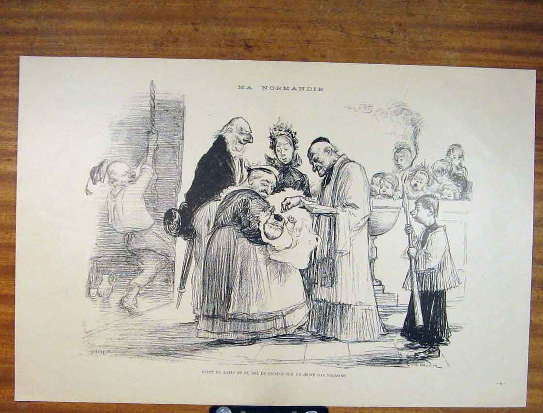 Original Old Antique Print Ma Normandie French Sketch Baptise Art
