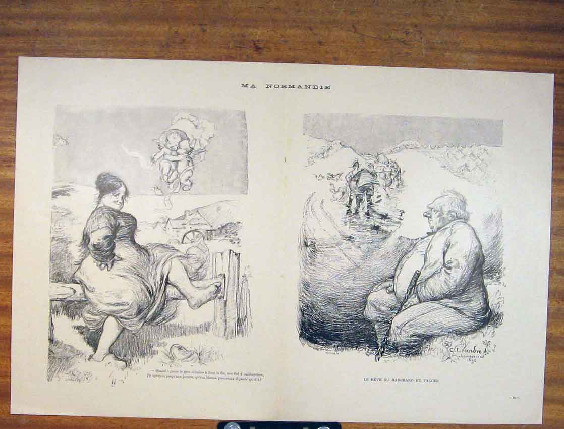 Original Old Vintage Print Normandie French Art Sketching C1930 Art 20th Century
