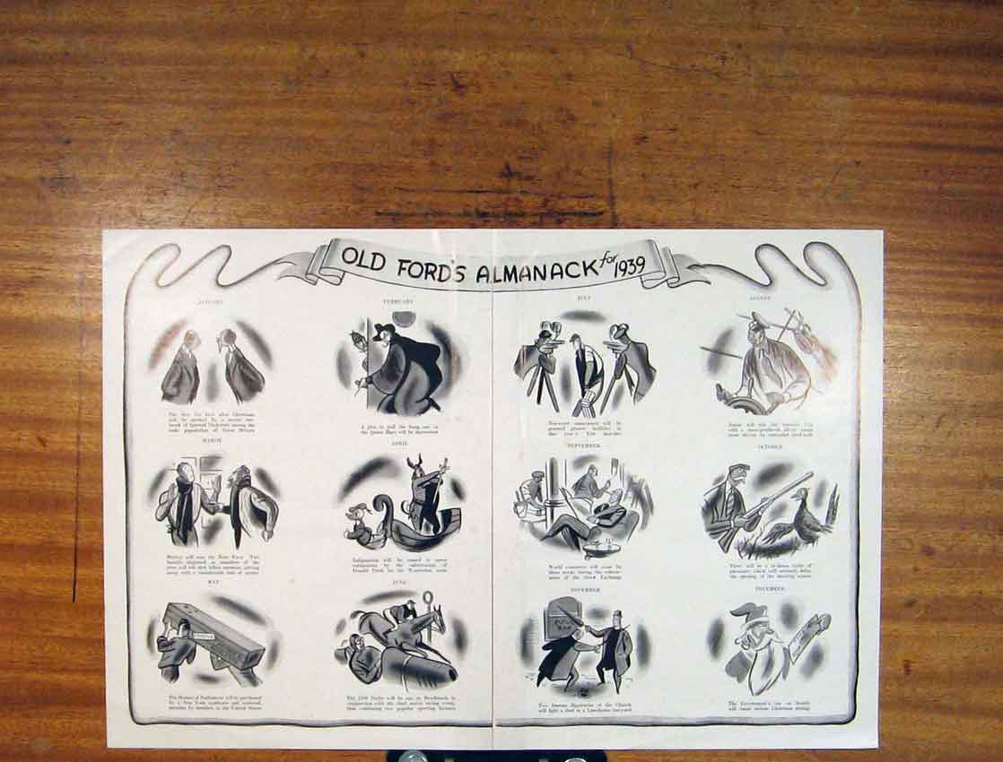 Original Old Vintage Print Fords Almanack 1939 Sketching Art 20th Century
