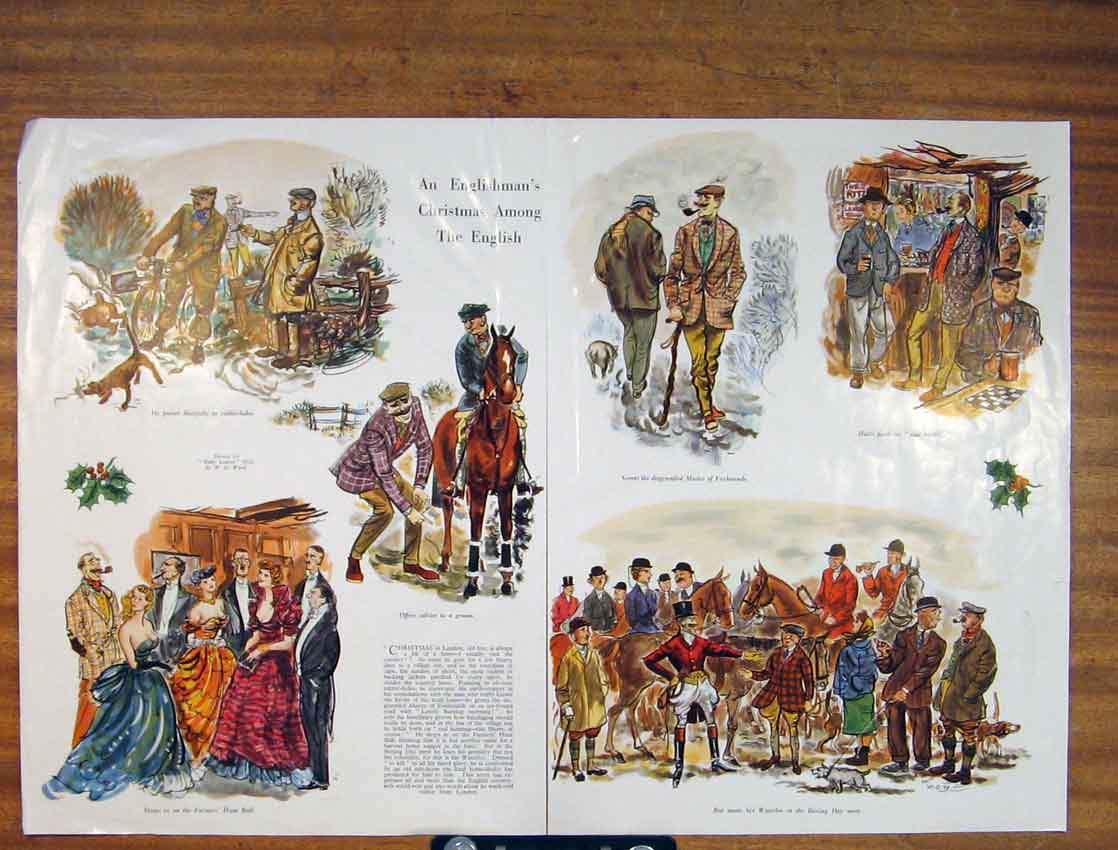 Original Old Antique Print Englishman Christmas Among English Color Art