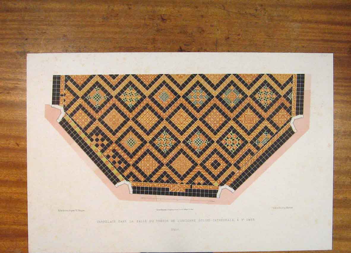 Original Old Antique Print Carrelage English Cathedral St Omer France C1858 19th
