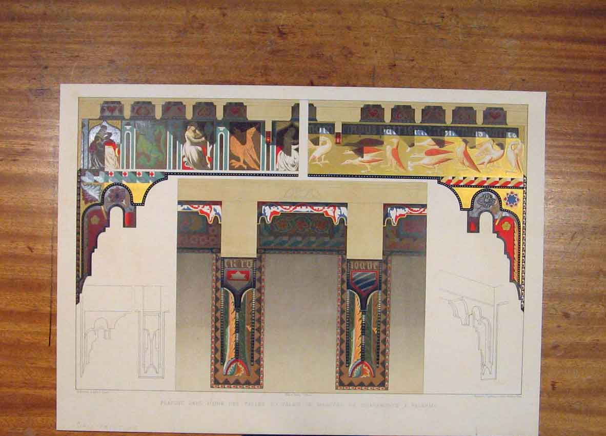 Original Old Antique Print C1858 Wall Painting Palace Manfred Color Victorian