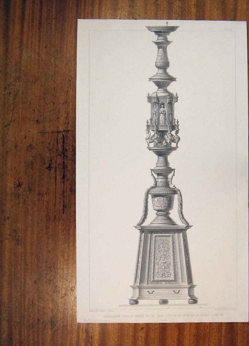 Original Old Antique Print Candel Italy Metal Works Verone C1858 19th