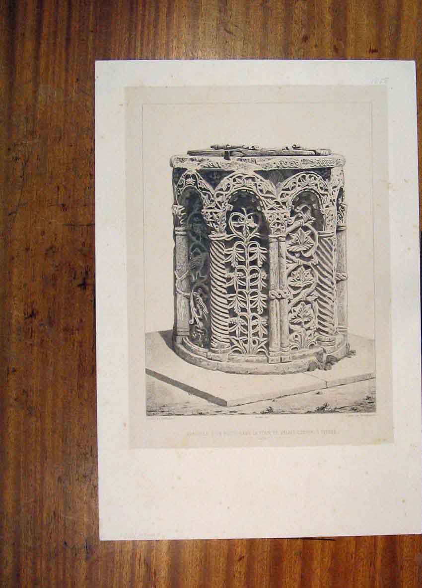 Original Old Antique Print C1858 Margelle Puits Venise Italy Sculpture Victorian