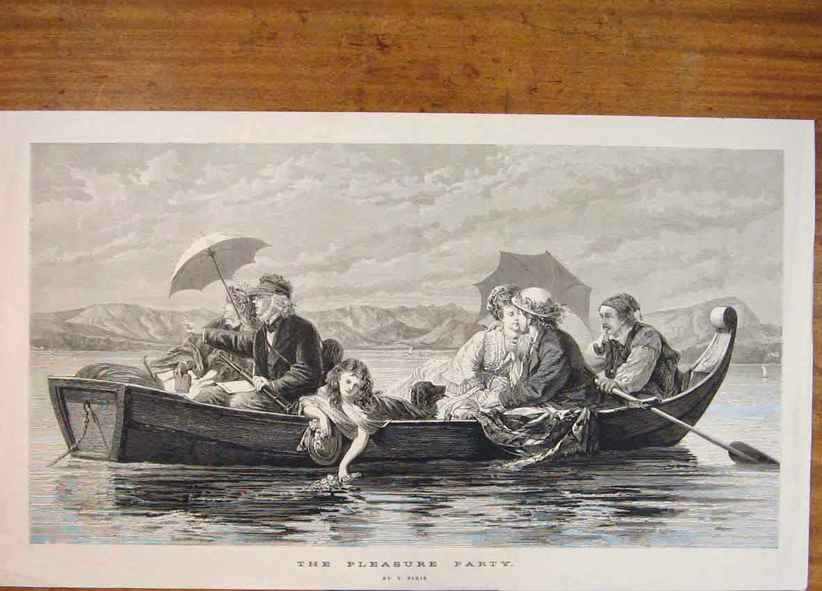 Original Old Antique Print Pleasure Party Sail Boat River Lake Pixis