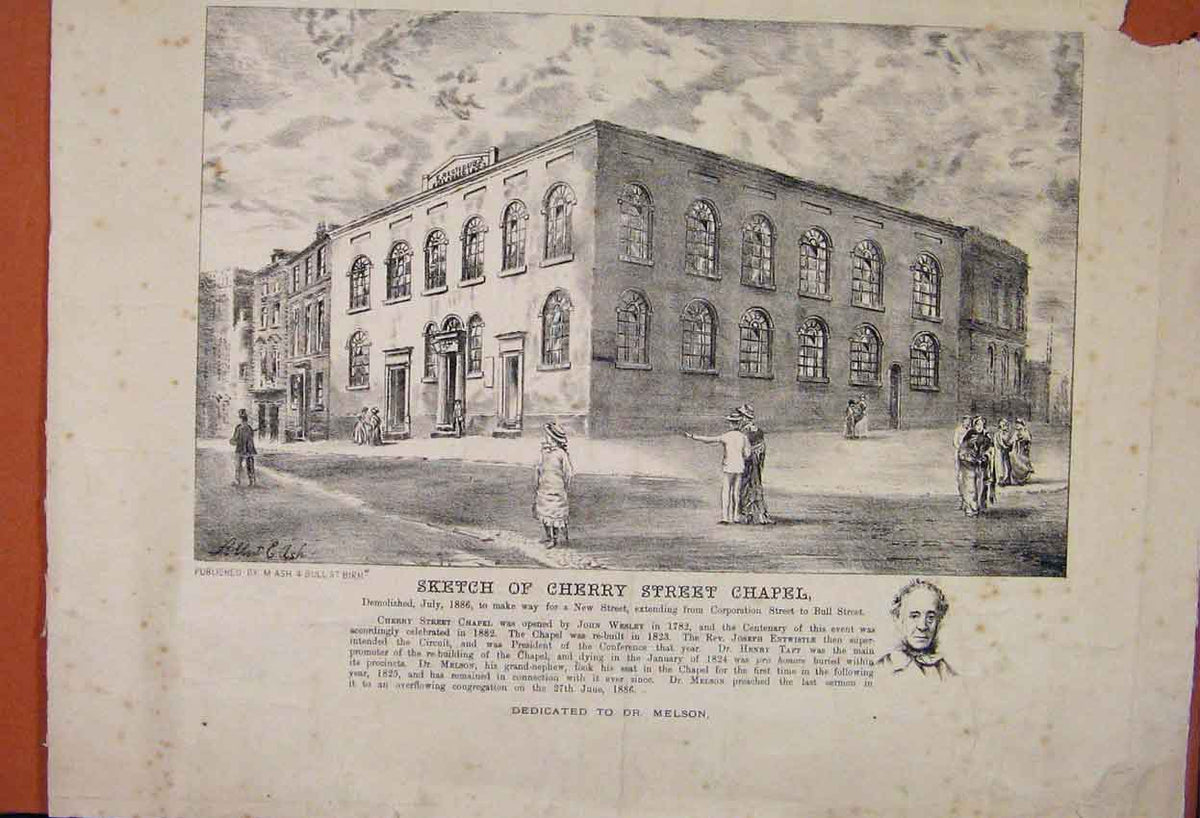 Original Old Antique Print C1885 Sketch Cherry Street Chapel Demolished 1886