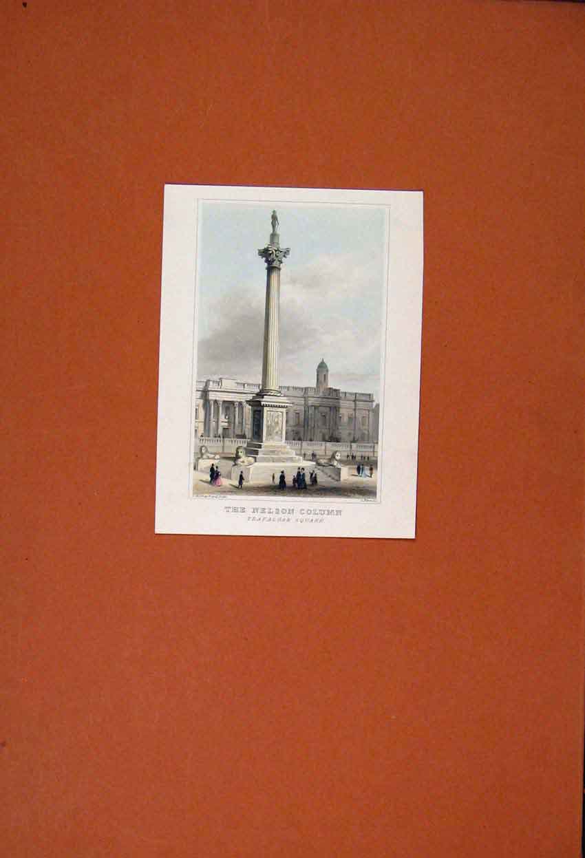 Original Old Antique Print Hand Colored Nelson Column Trafalgar Square Art