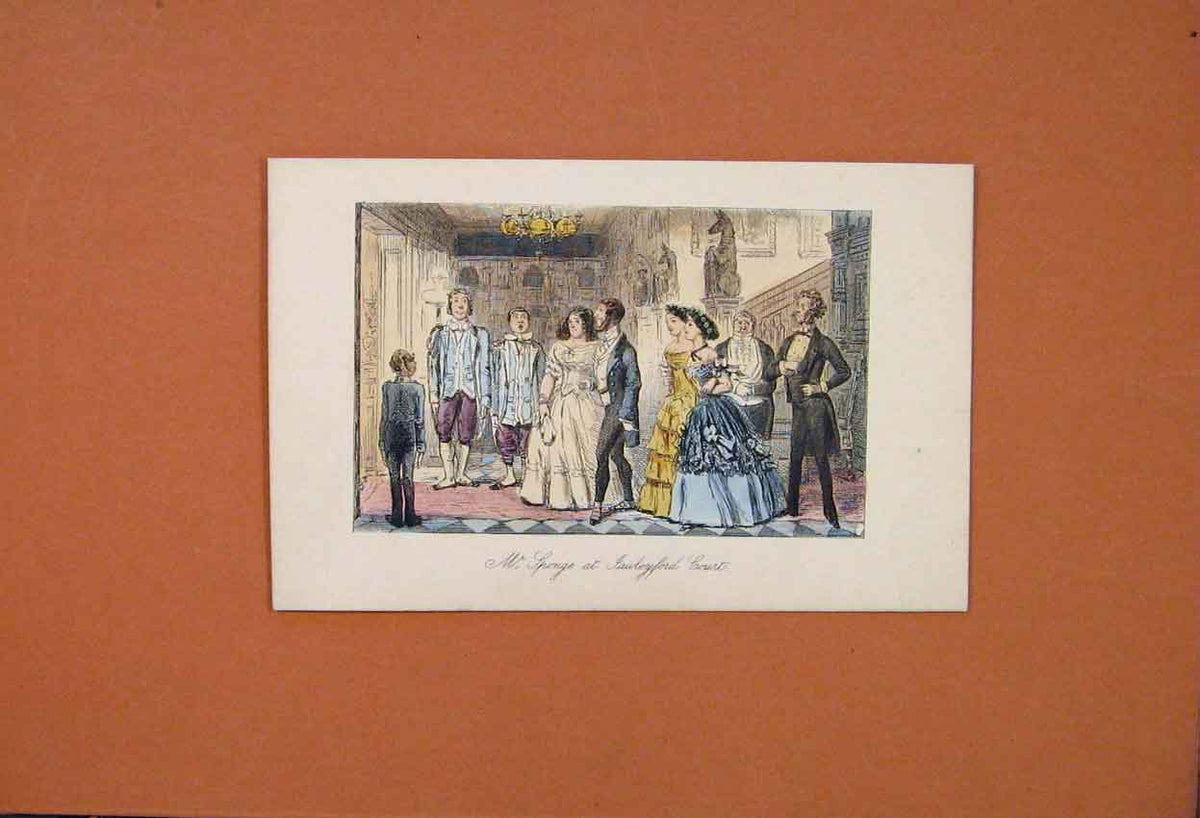 Original Old Antique Print C1860 Hand Colored Mr Sponge Jawleyford Court 19th