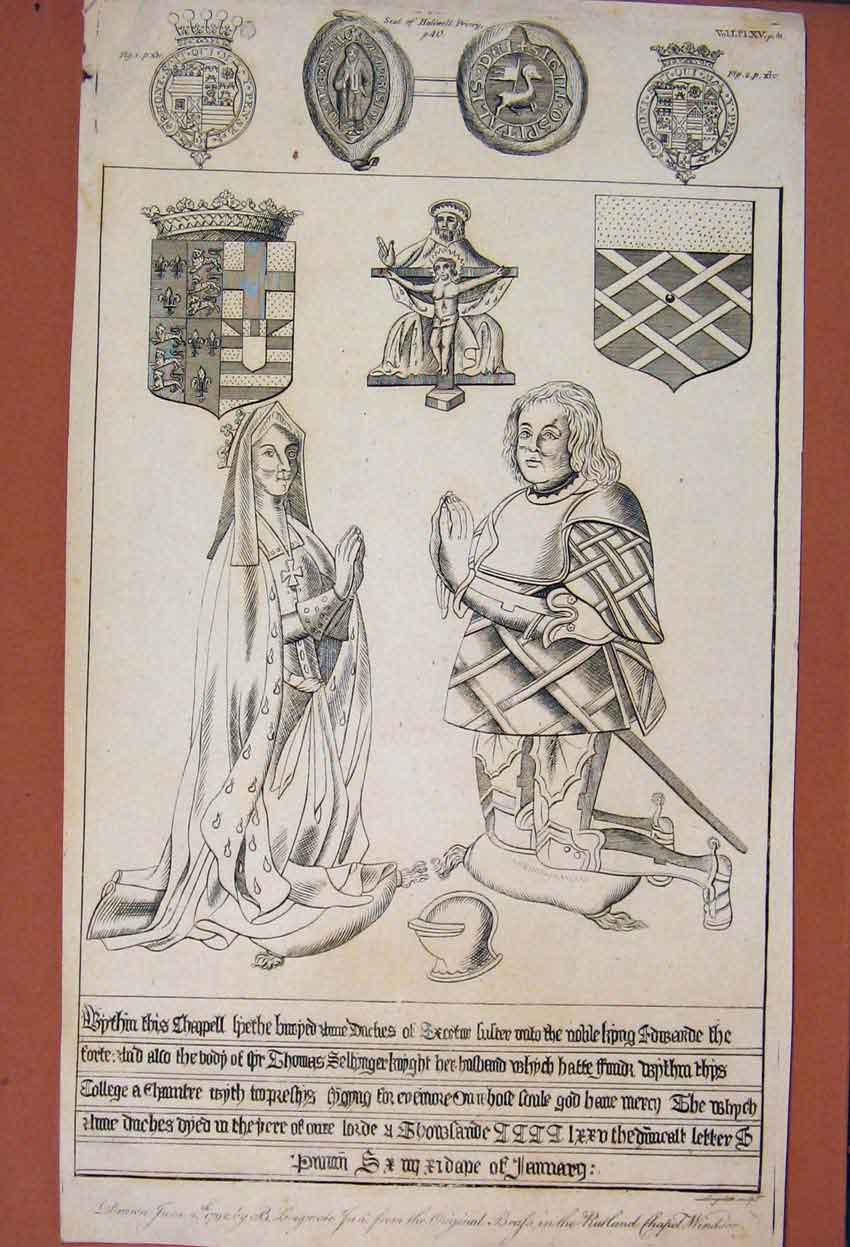 Original Old Antique Print Haliwell Priory Seal Flag Embylom Fine Art