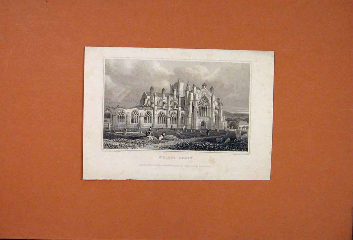 Original Old Antique Print Melros Abbey Fine Art Engraving C1883 19th