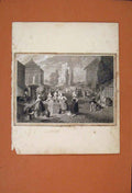 Original Old Antique Print City Centre Town Water Fountain Washing Drinking