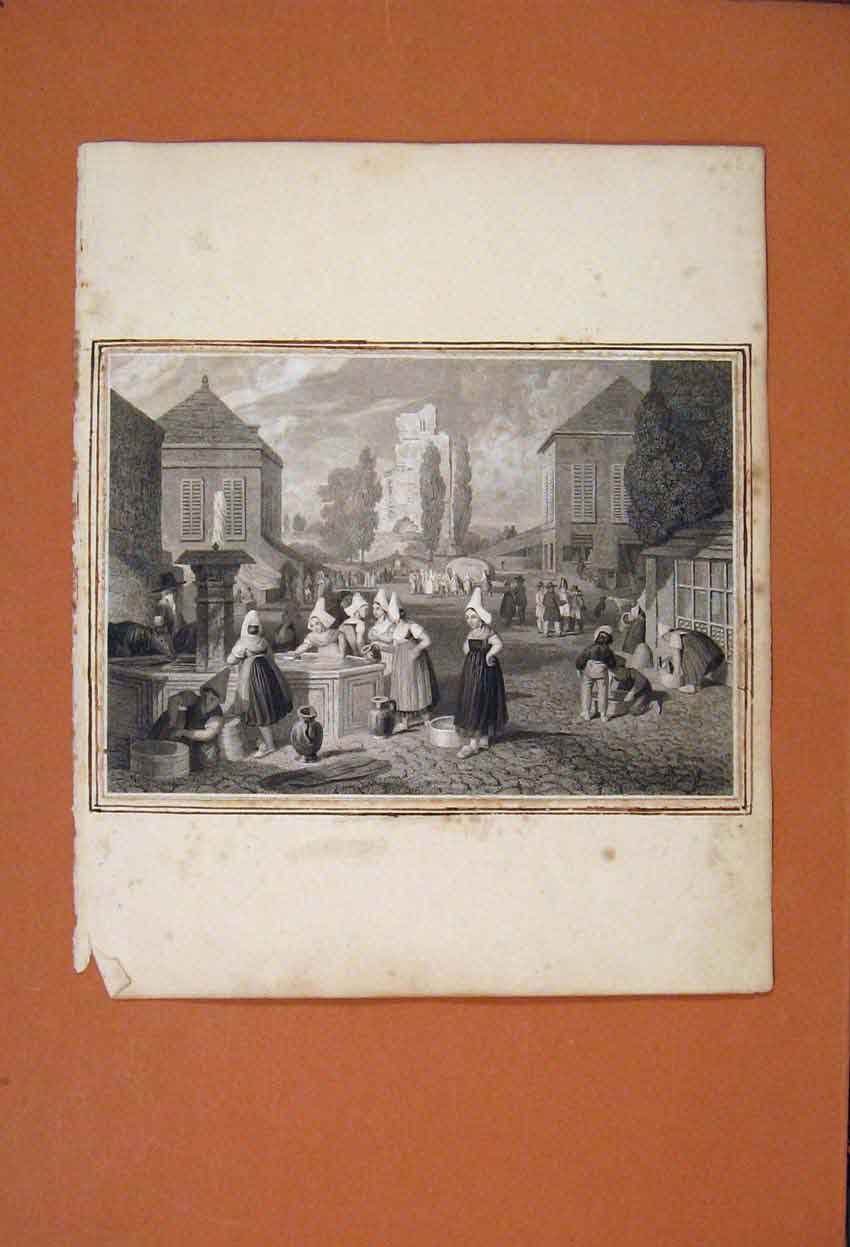 Original Old Antique Print City Centre Town Water Fountain Washing Drinking