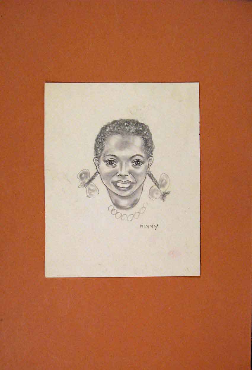Original Old Antique Print Ninny Portrait Fine Art Sketch Drawing 20th Century