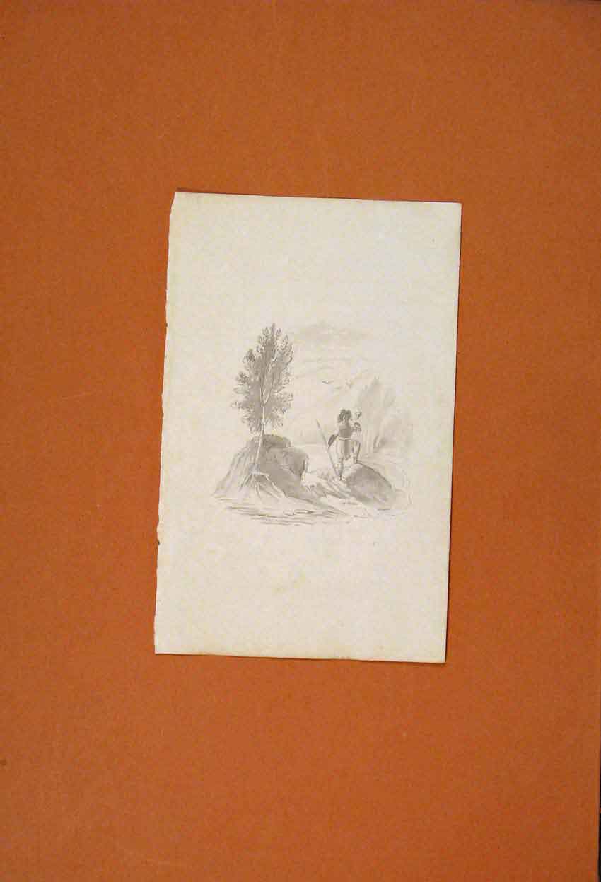 Original Old Antique Print Solidier Rock Horn Blowing Fine Art Sketch