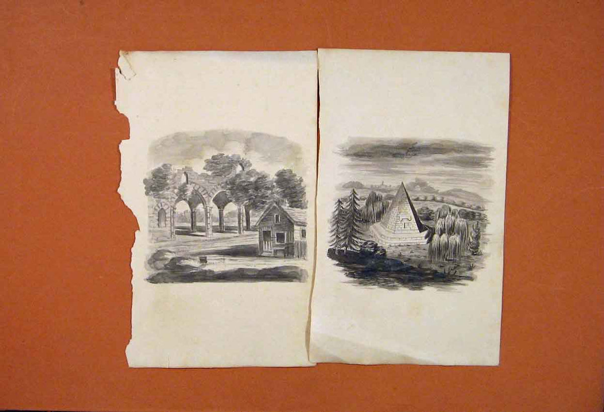 Original Old Antique Print Pyramid Ancient Arch House Architecture Art