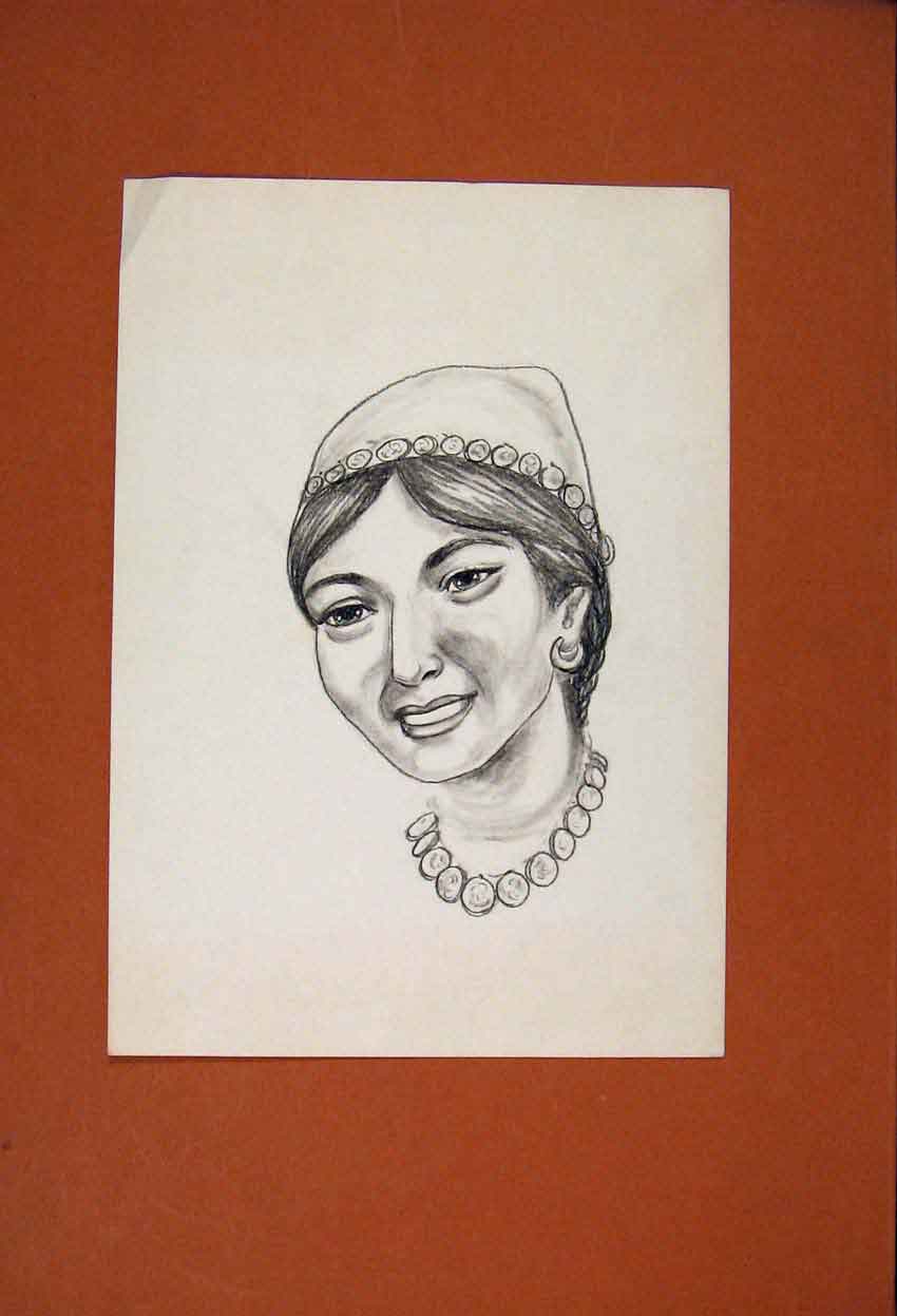 Original Old Antique Print Portrait Face Lady Maid Sketch Drawing Fine Art
