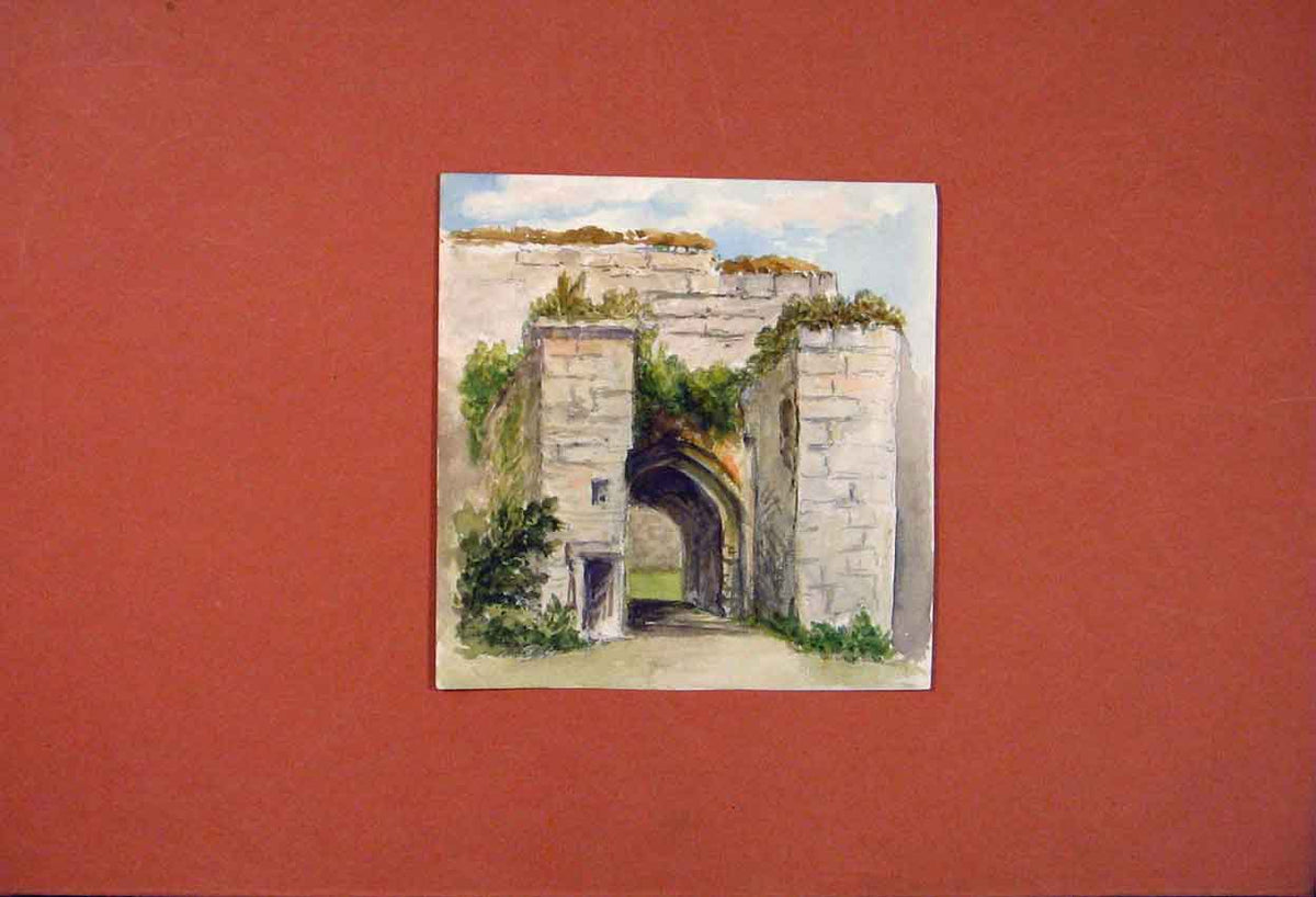 Original Old Antique Print Fine Art Color Castle Gate Wall Brick C1881 Victorian