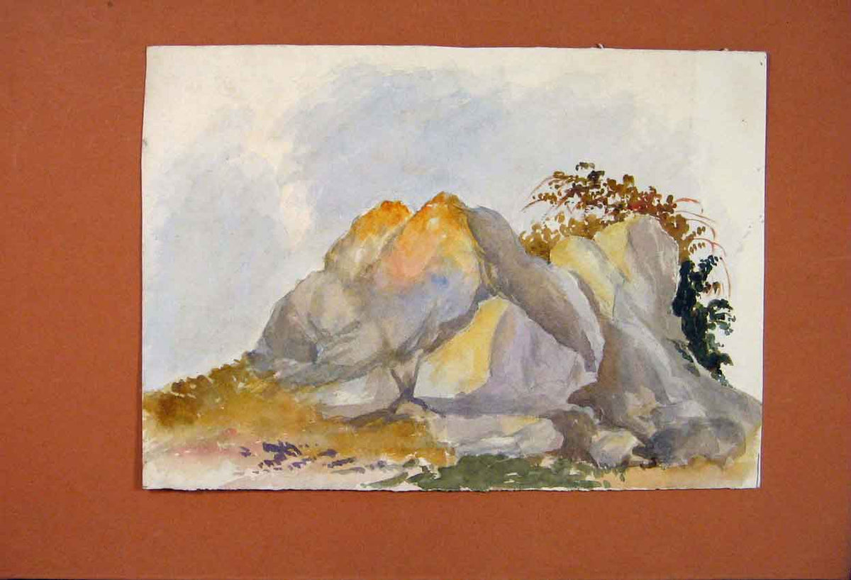 Original Old Antique Print Rocks Mountain Painting Fine Art Color Water