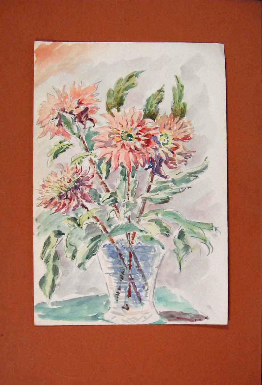 Original Old Antique Print Bunch Flowers Painting Color Fine Art Boquet